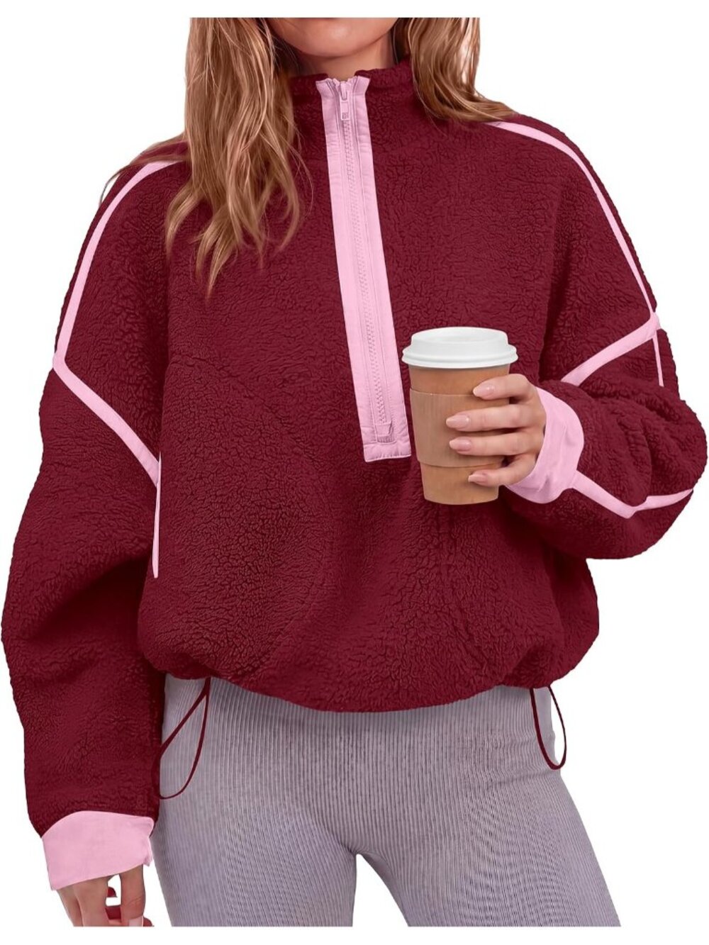 Women's Burgundy Mock Neck Imported Half Zip Sherpa Fleece Pullover Sweatshirt